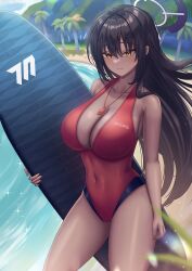 1girls beach black_hair blue_archive breasts chisi clouds halo holding_surfboard karin_(blue_archive) large_breasts lifeguard lifeguard_swimsuit long_hair looking_at_viewer ocean one-piece_swimsuit outside palm_trees red_one-piece_swimsuit red_swimsuit sky surfboard swimsuit water whistle whistle_around_neck yellow_eyes