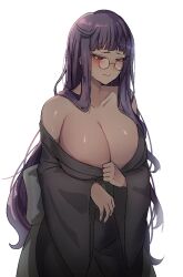 1girls bare_shoulders big_breasts blush blush_lines blushing breasts cleavage dark_skin female female_only glasses katriel_(library_of_ruina) kimono library_of_ruina long_hair nervous off_shoulder project_moon purple_hair purple_hair_female red_eyes round_glasses solo solo_female sweat sweatdrop sweating waist_length_hair