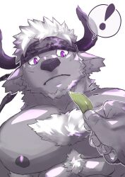 accessory anthro body_hair bovid bovine cattle chest_hair duo exclamation_point headband hi_res holding_leaf horn leaf lifewonders male mammal muscular muscular_anthro muscular_male nipples pecs purple_eyes sakuhuu shennong tokyo_afterschool_summoners