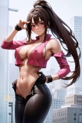 ai_generated black_legwear brown_hair female female_only long_hair nipples_visible_through_clothing pink_jacket red_eyes standing