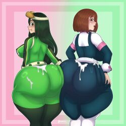 2girls aftermath alternate_version_available ass_ripple ass_to_ass brown_hair cum cum_on_ass cum_on_body cum_on_breasts cum_on_butt cum_on_face fat_ass green_hair headgear hero_outfit_(mha) large_ass large_breasts long_hair looking_back multiple_girls my_hero_academia ochako_uraraka rippling_ass sharktix short_hair shoulder_length_hair spandex teenager thick_ass thick_thighs tight_clothing tongue_out tsuyu_asui wispernsfw