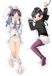 1girls atari_hitonari blush dakimakura dakimakura_design embarrassed female female_only glasses on_bed panties pants_down pantyhose pigtails red_eyes restrained restrained_arms restrained_legs tied tied_legs transformers transformers_kiss_players underwear