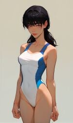 1girls ai_generated black_hair chainsaw_man female gradient_background high-waist_swimwear hips leotard low_twintails medium_breasts mitaka_asa navel_visible_through_clothes one-piece_swimsuit simple_background solo solo_focus stable_diffusion standing swimsuit swimwear tagme thighs twintails