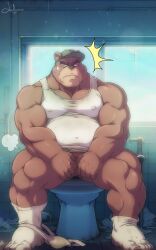 anthro bathroom bear biceps funeral-paws hi_res male mammal musclegut muscular muscular_anthro muscular_male muscular_thighs nipples solo toilet