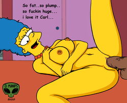 carl_carlson dark-skinned_male english_text fjm interracial lying_on_back lying_on_bed marge_simpson orgasm_face partial_male pussy tagme the_simpsons tits vaginal_penetration