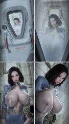 1girls behind_glass bethesda_softworks big_breasts black_hair bodysuit closed_eyes emotrashcan fallout frosted_glass frozen hourglass_figure huge_breasts lactating milk_leaking sleeping sole_survivor sole_survivor_(female) solo stasis_chamber unzipped vault_111 vault_dweller vault_suit