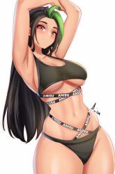 1girls alternate_breast_size alternate_hairstyle anisdrawn armpit armpit_crease armpits arms_up belly belly_button black_and_green_hair black_bra black_hair black_panties black_sports_bra blush blushing blushing_at_viewer breasts brown_eyes brown_skin cleavage collarbone dark_hair dark_skin female female_human female_only fit fit_female green_and_black_hair hair_down hands_above_head hi_res hourglass_figure human long_dark_hair long_hair looking_at_viewer love_handles medium_breasts multicolored_hair navel nemona_(pokemon) nintendo orange_eyes panties pokemon pokemon_sv side_boob sideboob smile smiling smiling_at_viewer smirk smirking smirking_at_viewer sports_bra sportswear tan tan_body tan_skin thick thick_legs thick_thighs thighs two_tone_hair under_boob underboob underwear v-line wide_hips