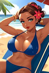 1girls ai_generated beach beach_chair big_breasts bikini bikini_bottom bikini_top bracelet breasts brown_hair clothed clothed_female female female_only flower flower_in_hair green_eyes hair_bun hair_ornament hand_on_head hands_behind_head jfxjxf long_hair looking_at_viewer makeup nipple_bulge ocean red_lips red_lipstick sitting sitting_on_chair solo tan_body tan_skin wet wet_body wet_clothes wet_skin