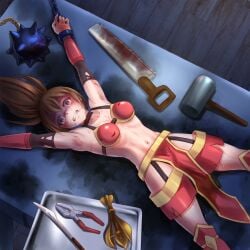 1girl 1girls armpits bad_end bdsm belly_button bikini_armor bikini_top bondage brown_hair captured crying crying_with_eyes_open defeated drooling eternal_dread female_warrior game_over half_naked horror_(theme) human imminent_death imminent_rape imminent_sex laying_on_back linea_alba midriff navel pear_of_anguish peeing peeing_out_of_fear pelvic_curtain peril restrained restrained_arms restrained_legs ryona scalpel scared scared_expression skinny_female solo_female stationary_restraints sweating sweaty_body teeth_clenched tied_hair tied_up torture torture_chamber torture_rack wide_eyed wide_eyes