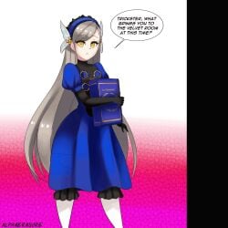 alphaerasure animated ass_expansion big_ass big_breasts big_butt blue_clothing blush book breast_expansion brown_hair clothing confused dress female gloves hourglass_expansion hyper hyper_ass hyper_breasts hyper_growth lavenza pale_skin panties persona persona_5 thick_thighs yellow_eyes