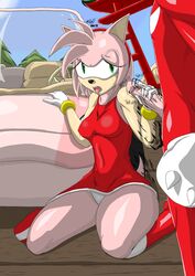 amy_rose anthro bluefoxlover color echidna female fur furry furry_only handjob hedgehog knuckles_the_echidna male mammal monotreme on_knees outdoors pink_fur red_fur shinobi short_hair sonic_(series) standing straight uncensored unseen_male_face