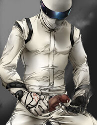 1boy big_cock blue_visor_cap bodysuit cum cum_drip helmet male male_only muscular_male racing_driver racing_suit racing_uniform steam the_stig top_gear white_bodysuit white_gloves white_legwear