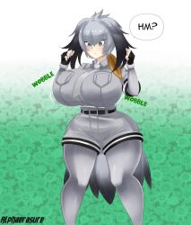 1girls 2021 alphaerasure barely_contained barely_contained_breasts big_breasts big_nipples blush breast_expansion breasts button_gap cleavage cleavage_overflow erect_nipples gray_hair huge_breasts kemono_friends overflowing_breasts shoebill_(kemono_friends) solo solo_female wide_hips