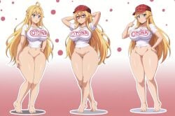 ahoge ai_generated big_breasts big_breasts big_breasts blonde_female blonde_hair blonde_hair blonde_hair_female blue_eyes breasts breasts breasts commission commissions_open glasses hat jorgecarlosai long_hair mankitsu_happening midriff mitsuki_otona multiple_poses multiple_views navel posing red_glasses red_hat shirt text thick thick_legs thick_thighs white_shirt wide_hips