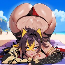 1girls ai_generated animal_ears ass ass_bigger_than_head ass_expansion ass_focus ass_up beach big_ass big_butt big_thighs bikini bikini_bottom blue_eyes brown_hair butt_focus dark_hair dehya_(genshin_impact) earrings eyebrows eyebrows_visible_through_hair eyelashes female female_focus female_only genshin_impact huge_ass huge_butt huge_thighs imminent_sex large_ass large_butt large_thighs lips lipstick looking_at_viewer miyuai multicolored_hair nai_diffusion outdoors outside panties solo solo_female solo_focus stable_diffusion thiccwithaq_(ai_style) thick thick_ass thick_butt thick_legs thick_thighs top-down_bottom-up underwear