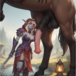 1boy 1girls ai_generated armor breasts daytime equine equine_penis extreme_size_difference female female_on_feral feral forest grey_skin highres holding_penis hood horse horseballs horsecock humanoid lantern large_penis looking_at_penis male male/female male_on_humanoid penis pointy_ears precum red_eyes size_difference stable_diffusion sword sylvanas_windrunner tabard vlanim water world_of_warcraft zoophilia