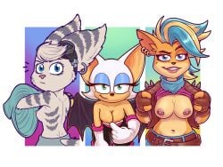 3girls activision anthro anthro_only breasts cleavage clothed clothing crash_(series) crossover eastern_and_western_character female female/female furry group hi_res large_breasts looking_at_viewer luchosfactory nipple_piercing nipples ratchet_and_clank rivet_(ratchet_and_clank) rouge_the_bat sega small_breasts sonic_(series) sony_corporation sony_interactive_entertainment tawna_bandicoot tawna_bandicoot_(crash_4) trio undressing