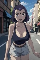 ai_generated belt big_breasts bob_cut bonnieaiart boobs breasts cleavage dc_comics grey_skin jean_shorts large_breasts navel rachel_roth raven_(dc) shorts smile tank_top teen_titans