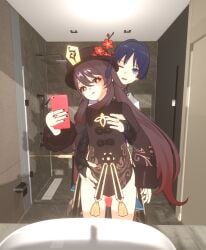 1boy 1girls 3d bathroom blue_eyes blue_hair brown_hair clothed_sex couple genshin_impact grabbing_breasts happy holding_body holding_smartphone horny hu_tao_(genshin_impact) hugging hugging_from_behind mirror mirror_selfie partially_nude penis petite photo pussy red_eyes scaramouche_(genshin_impact) sex_from_behind small_breasts smartphone smiling thigh_sex thighs twintails wholesome wink