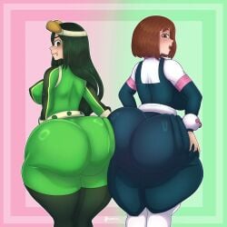 2girls alternate_version_available ass_ripple ass_to_ass brown_hair fat_ass green_hair headgear hero_outfit_(mha) large_ass large_breasts long_hair looking_back multiple_girls my_hero_academia ochako_uraraka rippling_ass sharktix short_hair shoulder_length_hair spandex teenager thick_ass thick_thighs tight_clothing tongue_out tsuyu_asui wispernsfw