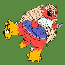 anthro back_view blaziken claws clothes green_background looking_back male male_only penis pokemon pokemon_(species) simple_background solo teapot_(body_type) testicles zeeman