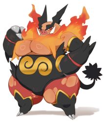 1girls big_breasts emboar fangs female female_only fire generation_5_pokemon hand_on_hip lightsource looking_at_viewer mammal nintendo no_humans pokémon_(species) pokemon pokemon_(species) red_eyes smile smiling_at_viewer solo white_background