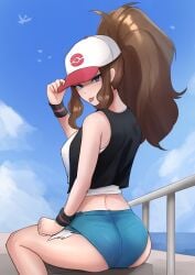 1girls :p ass baseball_cap bird black_vest blue_eyes blue_sky brown_hair cloud creatures_(company) denim denim_shorts female game_freak hair_through_headwear hand_on_headwear hat high_ponytail highres hilda_(pokemon) long_hair looking_at_viewer looking_back midriff nintendo poke_ball_print pokemon pokemon_bw railing short_shorts shorts sidelocks sitting sky solo tank_top thighs tongue tongue_out vest white_tank_top wristband zet_(twt_zet)