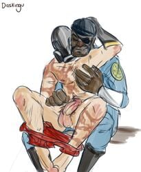 2boys average_sized_penis burn_scar closed_eyes dark-skinned_male daskingu demoman erection eye_patch facial_hair gas_mask gay gloves half-erect hand_behind_head hand_on_chest imminent_sex knees_apart_feet_together male male_focus male_only pec_grasp pyro pyro_(team_fortress_2) size_difference spread_legs tagme team_fortress_2 underwear_around_ankles underwear_down undressing watch_cap