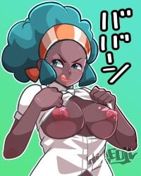 1girls big_breasts blush dark-skinned_female dark_skin exposed_breasts green_eyes green_hair hairband lenora_(pokemon) lipstick nintendo open_shirt pokemon pokemon_bw solo striped_hairband tongue tongue_out