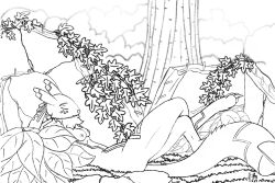 2024 bandai_namco black_and_white breasts chest_tuft crossed_legs digimon digimon_(species) digital_drawing_(artwork) digital_media_(artwork) female fur fur_markings hands_behind_head hi_res ivy_(plant) justablank kinetta_(justablank) long_tail lying markings monochrome nipples on_back plant renamon ruins signature solo tail tree tuft