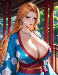 1girls ai_generated bleach blue_eyes earrings fbps35 huge_breasts japanese_clothes kimono matsumoto_rangiku necklace neckline orange_hair