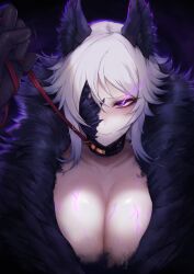 1girls big_breasts cleavage collar faust_(limbus_company) leash limbus_company medium_hair project_moon purple_eyes revealing_clothes tresmarrow white_hair