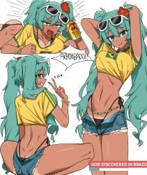 1girls 2d :3 belly belly_button bikini black_bikini blush brazil brazilian brazilian_female brazilian_miku caststation crop_top dark-skinned_female dark_skin drunk earrings female female_focus female_only g-string green_eyes green_hair hatsune_miku hotpants looking_at_viewer nail_polish navel navel_piercing peace_sign piercing portuguese_text shorts simple_background skimpy skimpy_clothes smile smiling squatting sunglasses sunglasses_on_head swimsuit tanline text thong thong_bikini twintails v vocaloid