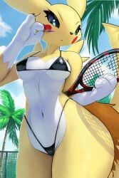 3_fingers anthro bandai_namco bikini black_sclera blue_eyes breasts clothed clothed_female clothing collarbone digimon digimon_(species) disguise female furry micro_bikini navel ozoneserpent pikachu renamon small_breasts sticker sticker_on_face stickers stickers_on_face tail tennis_racket thick_thighs white_body white_fur wide_hips yellow_body yellow_fur
