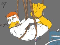 ahe_gao aldenyates aldenyates_(character) anatid anseriform avian barefoot bird bodily_fluids bondage bound breast_milking cum dildo duck feet furry genital_fluids hi_res lactating looking_pleasured male_only milking_machine_on_male nude rope sex_toy solo