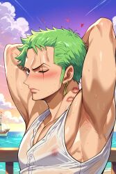 1boy ai_generated black_eyes blush earrings green_hair hands_behind_head hi_res kiraaiart kiss_mark kiss_marks kissing kissing_neck looking_at_another male_only nipples one_eye_closed one_piece roronoa_zoro scar scar_across_eye scar_on_face zoro