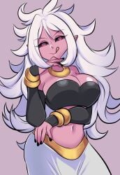 1girls absurdres android_21 baggy_pants bracelet breasts colored_sclera colored_skin dragon_ball dragon_ball_fighterz female highres jewelry large_breasts long_hair looking_at_viewer majin_android_21 midriff missandydandy nail_polish navel pants pink_skin pointy_ears simple_background solo tongue tongue_out white_hair