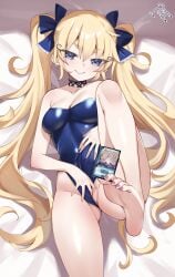 absurdres admiral_queen barefoot bed_sheet between_toes blonde_hair blue_eyes blue_leotard blue_ribbon blush breasts card cleavage clothing_aside commission duel_masters feet female from_above grin hair_between_eyes hair_ribbon hand_on_own_stomach highres holding_with_feet leg_up leotard leotard_aside long_hair looking_at_viewer lying medium_breasts nail_polish on_back partially_visible_vulva pink_nails ribbon shizuka_(duel_masters) short_eyebrows skeb_commission smile snow-yuuki soles solo strapless strapless_leotard thick_eyebrows toenail_polish toenails toes twintails very_long_hair