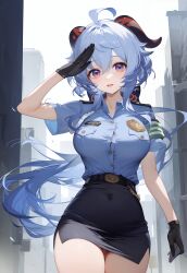 1girls ai_generated ass big_breasts blue_hair ganyu_(genshin_impact) genshin_impact hi_res horn legwear long_hair nipples outdoors panties police_uniform pussy rainyshst voluptuous