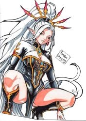 big_breasts cleavage_cutout elf_ears elf_female heel_boots knee_boots large_breasts legs_apart long_boots long_hair long_sleeves looking_at_viewer spread_legs warhammer_(franchise) warhammer_40k white_hair yvraine