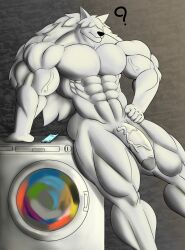 abs anatake anthro appliance biceps big_muscles big_penis black_nose canid canine canis electronics flaccid fur genitals hair hair_over_eyes hand_on_hip hi_res humanoid_genitalia humanoid_penis laundry_machine leaning leaning_on_object light_body light_fur long_hair male mammal muscular muscular_anthro muscular_male muscular_thighs nude pecs penis phone pose question_mark solo standing thick_thighs triceps vein veiny_arms veiny_penis washing_machine white_body white_fur wolf wolfblack43