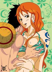 1boy 1boy1girl 1girls aroused big_breasts bikini bikini_top black_hair breast_grab breasts cleavage curvy_female female long_hair looking_at_viewer male monkey_d_luffy muscular_male nami namuzza94 one_piece orange_hair pushing_breasts_up short_hair striped_bikini tattoo topless_male