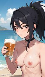 1girls ai_generated akali beer black_eyes black_hair black_nails blush brown_eyes choker female league_of_legends league_of_legends:_wild_rift looking_at_viewer medium_breasts nail_polish naked naked_female nipples seaside slim_waist solo solo_female sweat sweating tagme tied_hair topless viviai