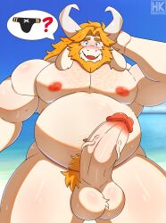 1boy absurd_res anthro asgore_dreemurr balls bara beach beard belly big_penis blushing_at_viewer bodily_fluids body_hair bovid caprine chest_hair chubby facial_hair furry genitals goat hanzo_matsumoto hi_res horn male male_only mammal matsumoto_hk nipples nude penis pubes smile solo speech_bubble sweat sweatdrop tagme undertale undertale_(series) vein veiny_penis