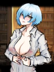 1girls angela_(library_of_ruina) big_breasts blue_hair blush cleavage clothing library_of_ruina open_clothes project_moon see-through see-through_clothing shirt short_hair visible_nipples yellow_eyes