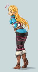 1girls angry arms_tied_behind_back ass black_pants blonde_hair blue_shirt bondage boots breasts breath_of_the_wild green_eyes hairclip legs_tied long_hair looking_at_viewer lostonezero nintendo pants princess_zelda rope rope_bondage shibari_over_clothes shirt small_breasts the_legend_of_zelda zelda_(breath_of_the_wild)