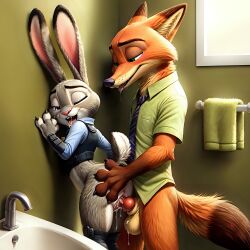 ai_generated anthro anthro_on_anthro ass balls bathroom canine_penis cum cum_in_pussy cum_inside fox frosting.ai green_eyes interspecies judy_hopps nick_wilde orgasm purple_eyes rabbit saliva sex straight trueliamay vaginal vaginal_penetration zootopia