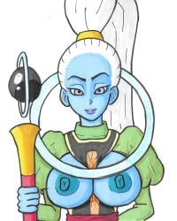 angel_(dragon_ball) blue_skin brownpidgeon dragon_ball_super exposed_breasts green_clothing high_ponytail presenting_breasts purple_eyes vados