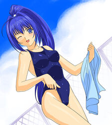 a1 blue_eyes blue_hair hayase_mitsuki kimi_ga_nozomu_eien long_hair mitsuki_hayase one-piece_swimsuit ponytail pubic_hair school_swimsuit solo swimsuit tan tanline tied_hair towel wet wink