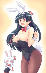 animal_ear blush breasts bunny bunny_ear bunny_tail bunnysuit clothing fountain's_square glasses green_hair hagiya_masakage large_breasts long_hair mesousa open_mouth pani_poni_dash! pantyhose red_eyes rei_tachibana surprised surprised_arms tachibana_rei tail wardrobe_malfunction wrist_cuffs